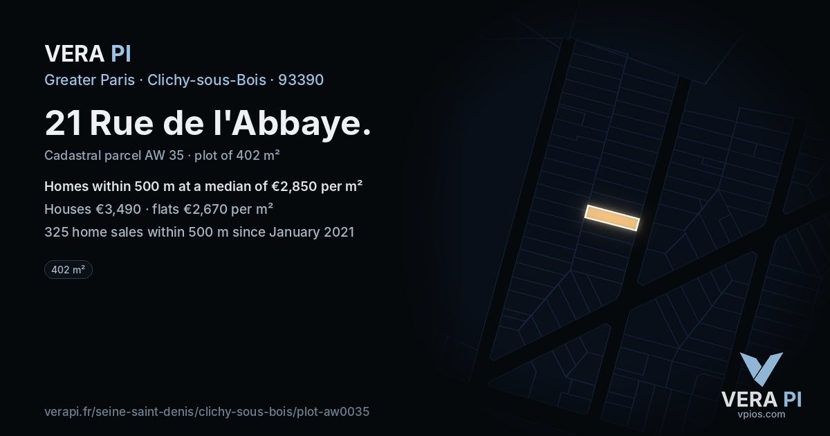 21 Rue de l'Abbaye, Clichy-sous-Bois at night – the plot lit, the parcels around coloured by the prices near them