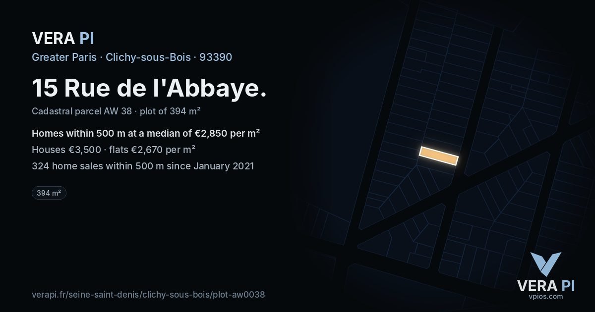 15 Rue de l'Abbaye, Clichy-sous-Bois at night – the plot lit, the parcels around coloured by the prices near them