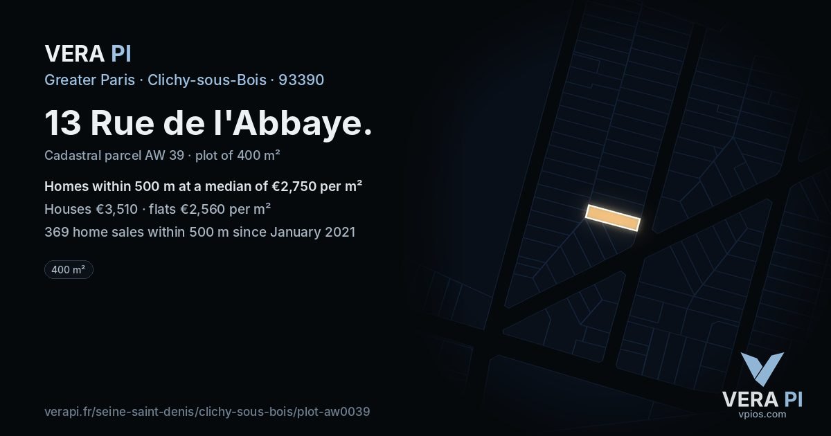 13 Rue de l'Abbaye, Clichy-sous-Bois at night – the plot lit, the parcels around coloured by the prices near them