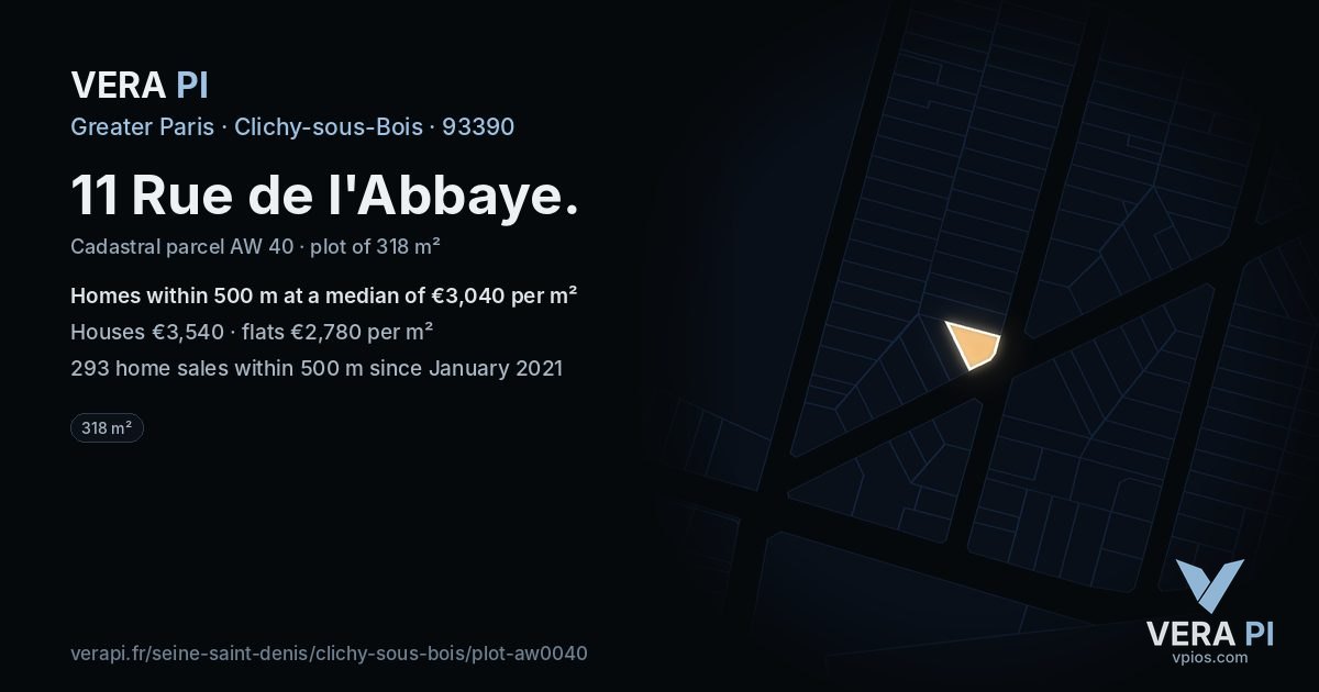 11 Rue de l'Abbaye, Clichy-sous-Bois at night – the plot lit, the parcels around coloured by the prices near them