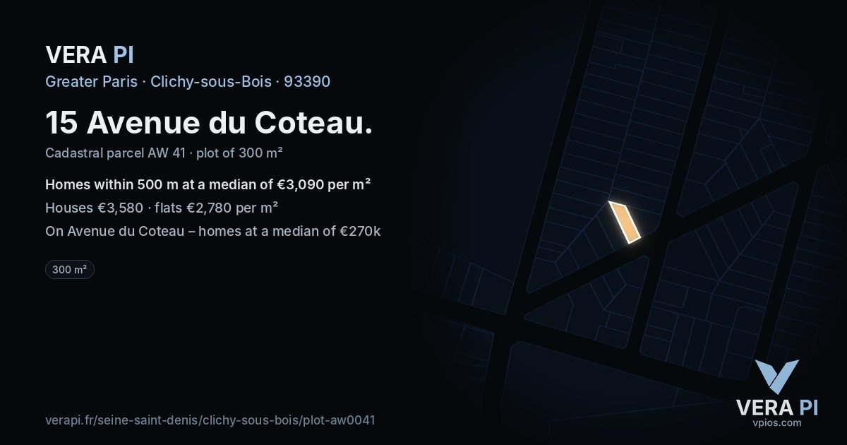 15 Avenue du Coteau, Clichy-sous-Bois at night – the plot lit, the parcels around coloured by the prices near them