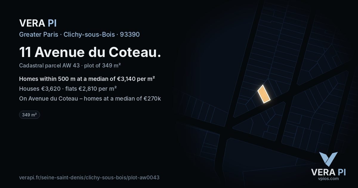 11 Avenue du Coteau, Clichy-sous-Bois at night – the plot lit, the parcels around coloured by the prices near them