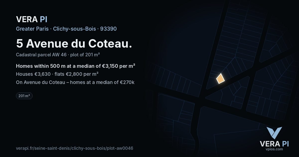 5 Avenue du Coteau, Clichy-sous-Bois at night – the plot lit, the parcels around coloured by the prices near them