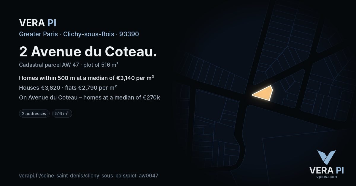 2 Avenue du Coteau, Clichy-sous-Bois at night – the plot lit, the parcels around coloured by the prices near them