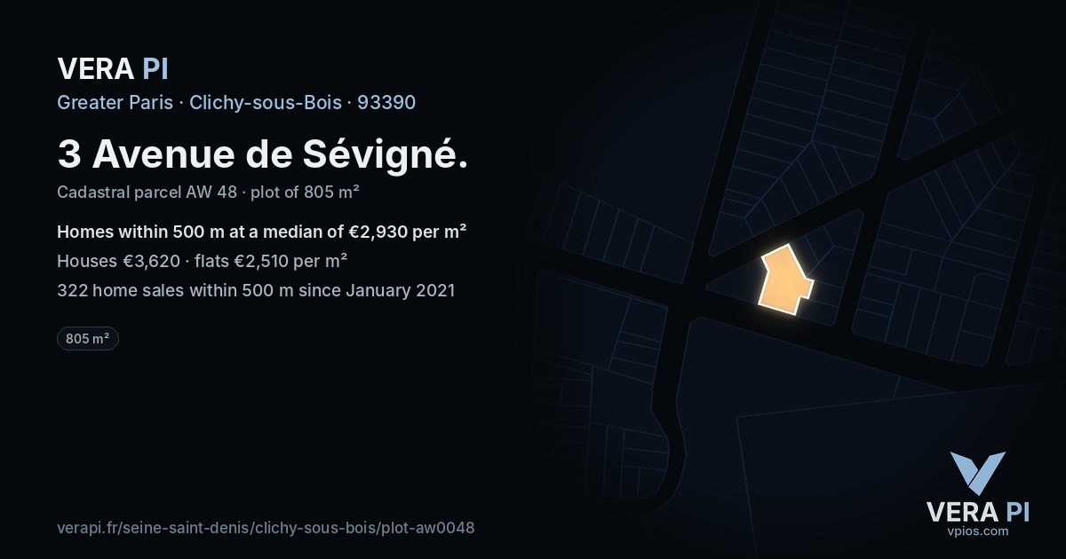 3 Avenue de Sévigné, Clichy-sous-Bois at night – the plot lit, the parcels around coloured by the prices near them