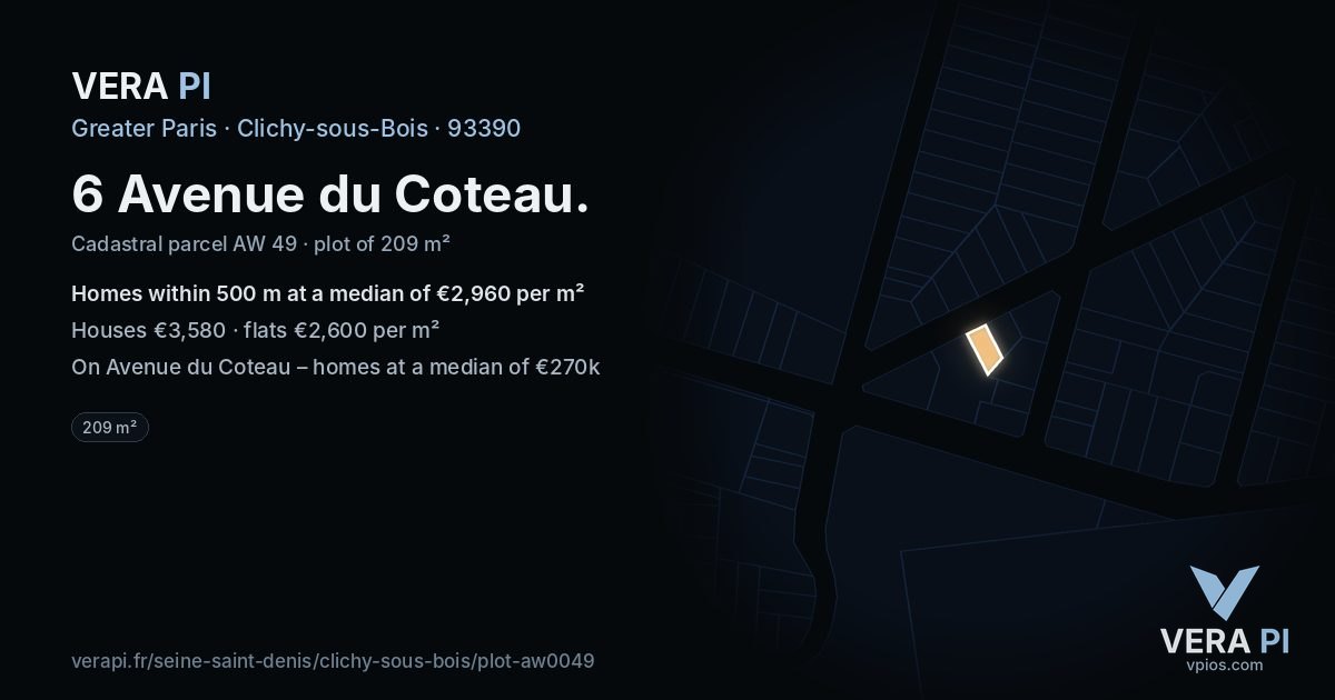 6 Avenue du Coteau, Clichy-sous-Bois at night – the plot lit, the parcels around coloured by the prices near them