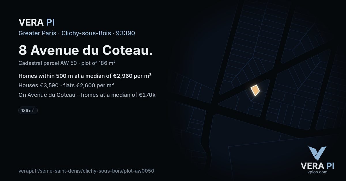 8 Avenue du Coteau, Clichy-sous-Bois at night – the plot lit, the parcels around coloured by the prices near them