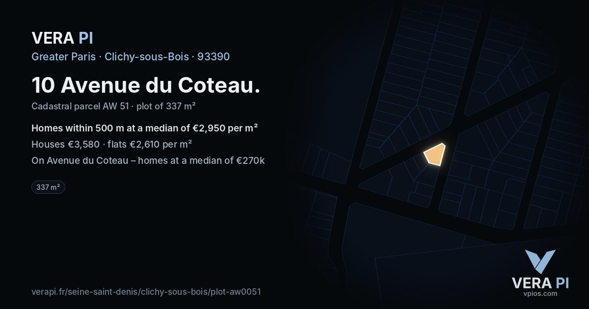 10 Avenue du Coteau, Clichy-sous-Bois at night – the plot lit, the parcels around coloured by the prices near them