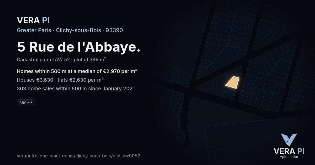5 Rue de l'Abbaye, Clichy-sous-Bois at night – the plot lit, the parcels around coloured by the prices near them