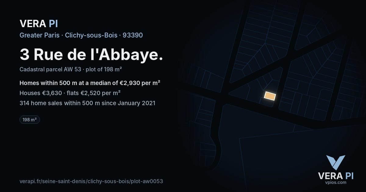 3 Rue de l'Abbaye, Clichy-sous-Bois at night – the plot lit, the parcels around coloured by the prices near them