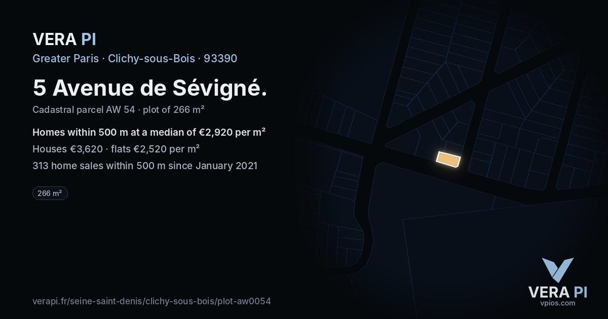 5 Avenue de Sévigné, Clichy-sous-Bois at night – the plot lit, the parcels around coloured by the prices near them