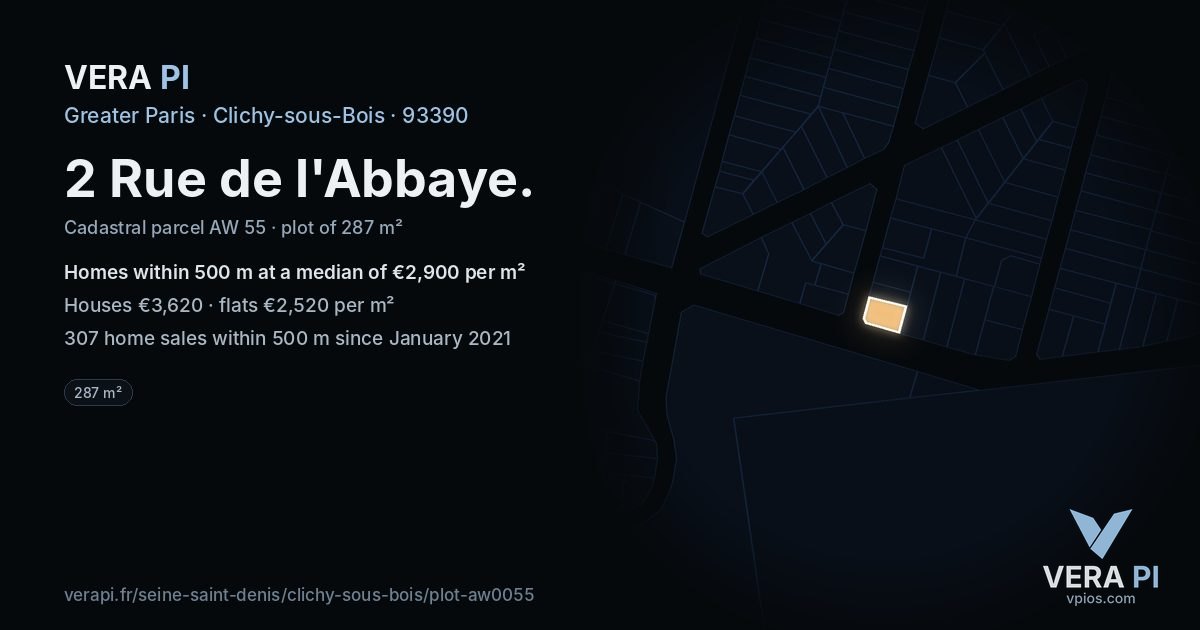 2 Rue de l'Abbaye, Clichy-sous-Bois at night – the plot lit, the parcels around coloured by the prices near them