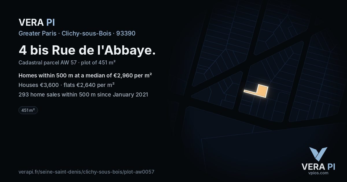 4 bis Rue de l'Abbaye, Clichy-sous-Bois at night – the plot lit, the parcels around coloured by the prices near them