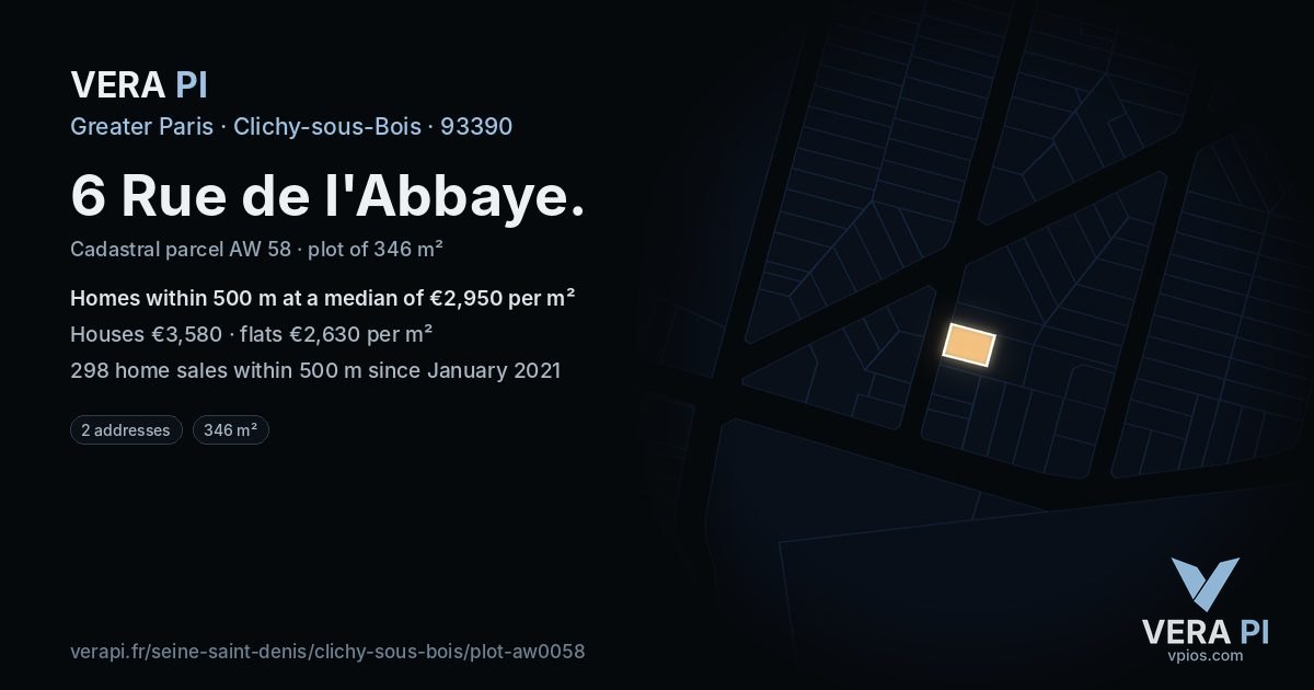 6 Rue de l'Abbaye, Clichy-sous-Bois at night – the plot lit, the parcels around coloured by the prices near them