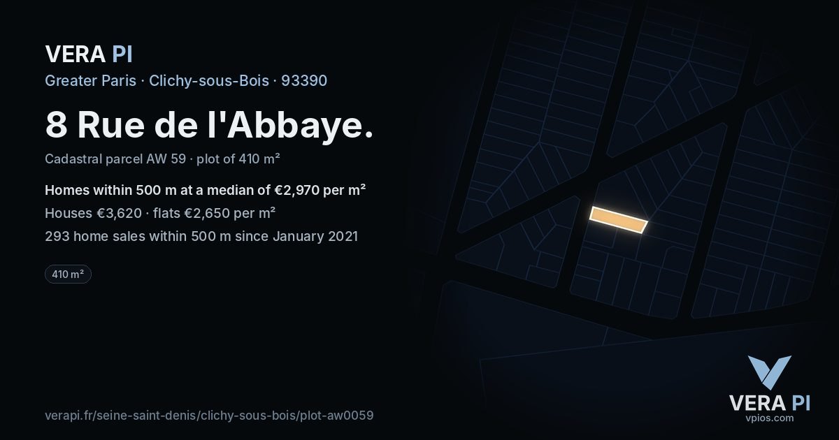 8 Rue de l'Abbaye, Clichy-sous-Bois at night – the plot lit, the parcels around coloured by the prices near them