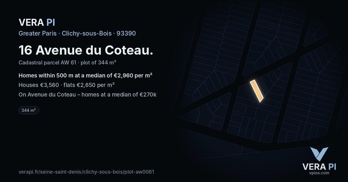 16 Avenue du Coteau, Clichy-sous-Bois at night – the plot lit, the parcels around coloured by the prices near them