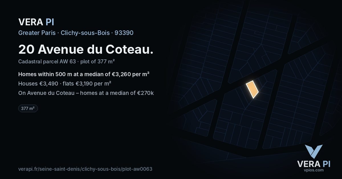 20 Avenue du Coteau, Clichy-sous-Bois at night – the plot lit, the parcels around coloured by the prices near them