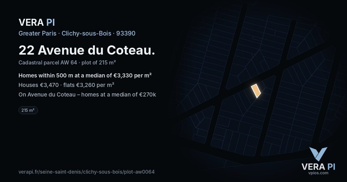 22 Avenue du Coteau, Clichy-sous-Bois at night – the plot lit, the parcels around coloured by the prices near them