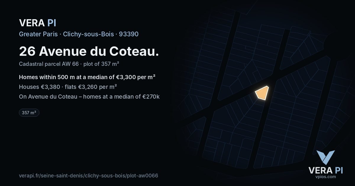 26 Avenue du Coteau, Clichy-sous-Bois at night – the plot lit, the parcels around coloured by the prices near them