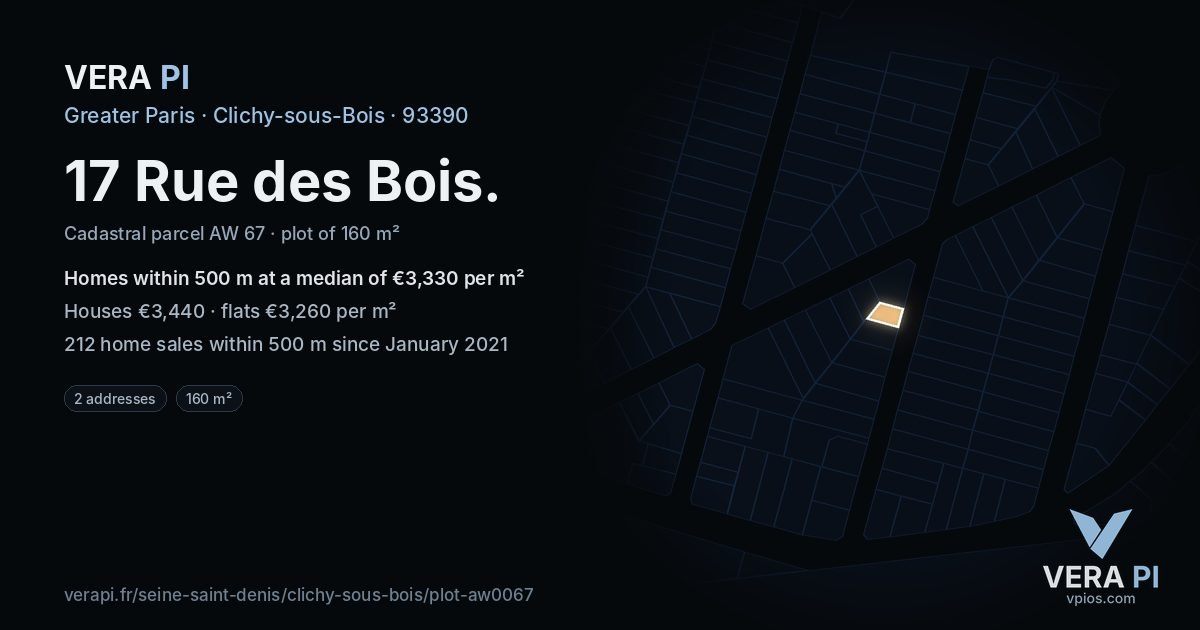 17 Rue des Bois, Clichy-sous-Bois at night – the plot lit, the parcels around coloured by the prices near them