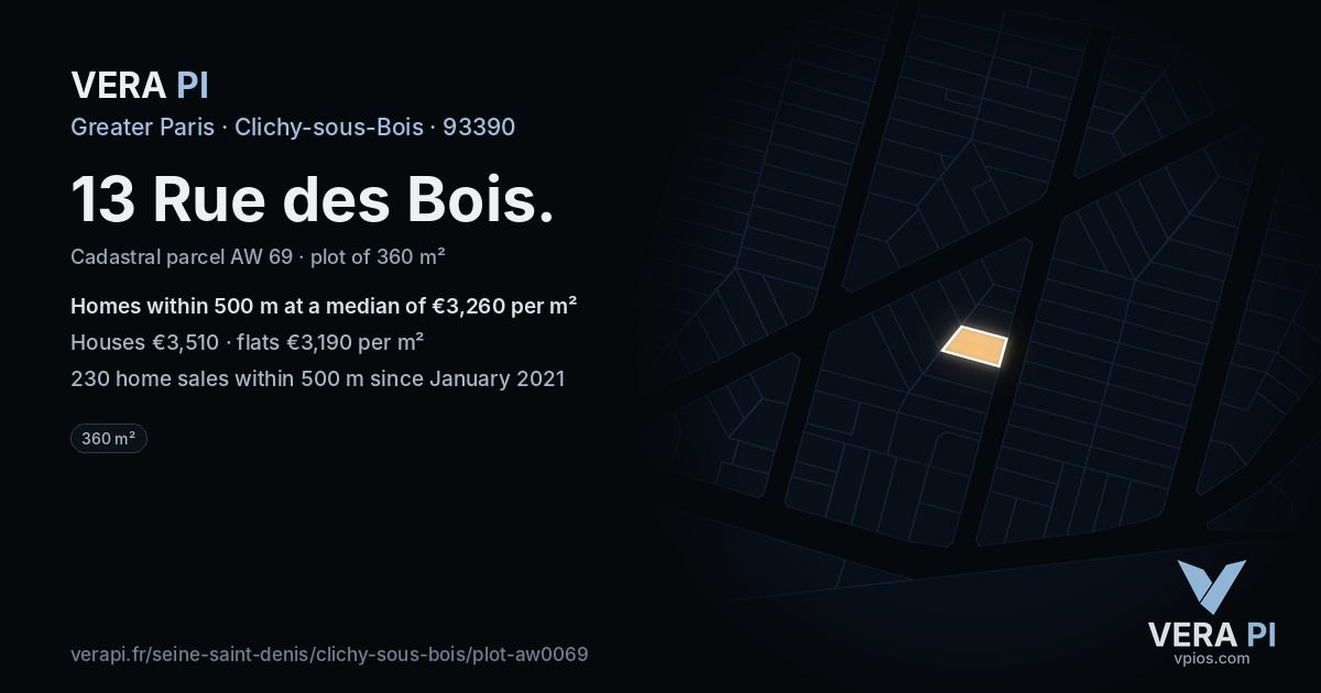 13 Rue des Bois, Clichy-sous-Bois at night – the plot lit, the parcels around coloured by the prices near them