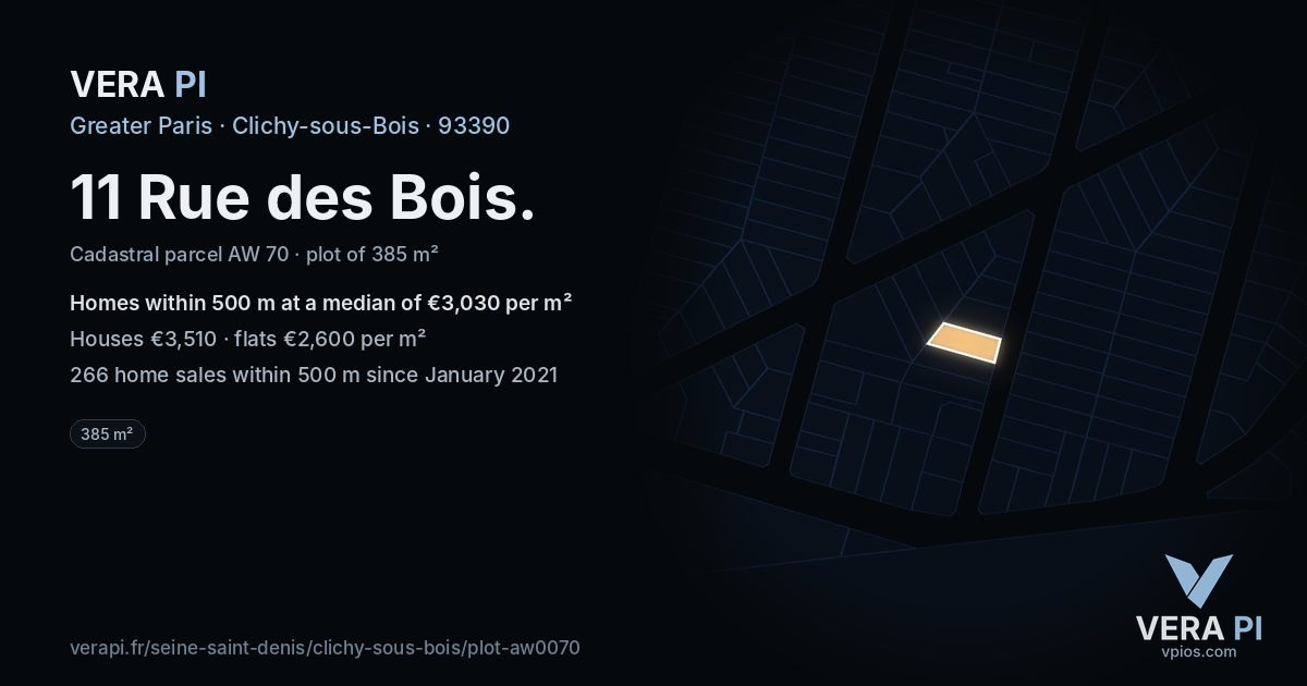 11 Rue des Bois, Clichy-sous-Bois at night – the plot lit, the parcels around coloured by the prices near them