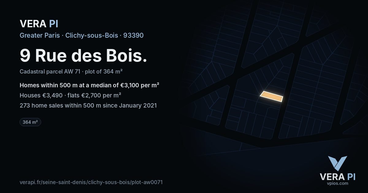 9 Rue des Bois, Clichy-sous-Bois at night – the plot lit, the parcels around coloured by the prices near them
