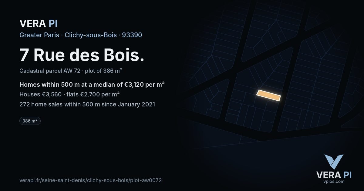 7 Rue des Bois, Clichy-sous-Bois at night – the plot lit, the parcels around coloured by the prices near them