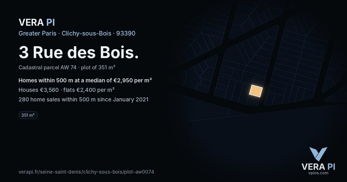 3 Rue des Bois, Clichy-sous-Bois at night – the plot lit, the parcels around coloured by the prices near them