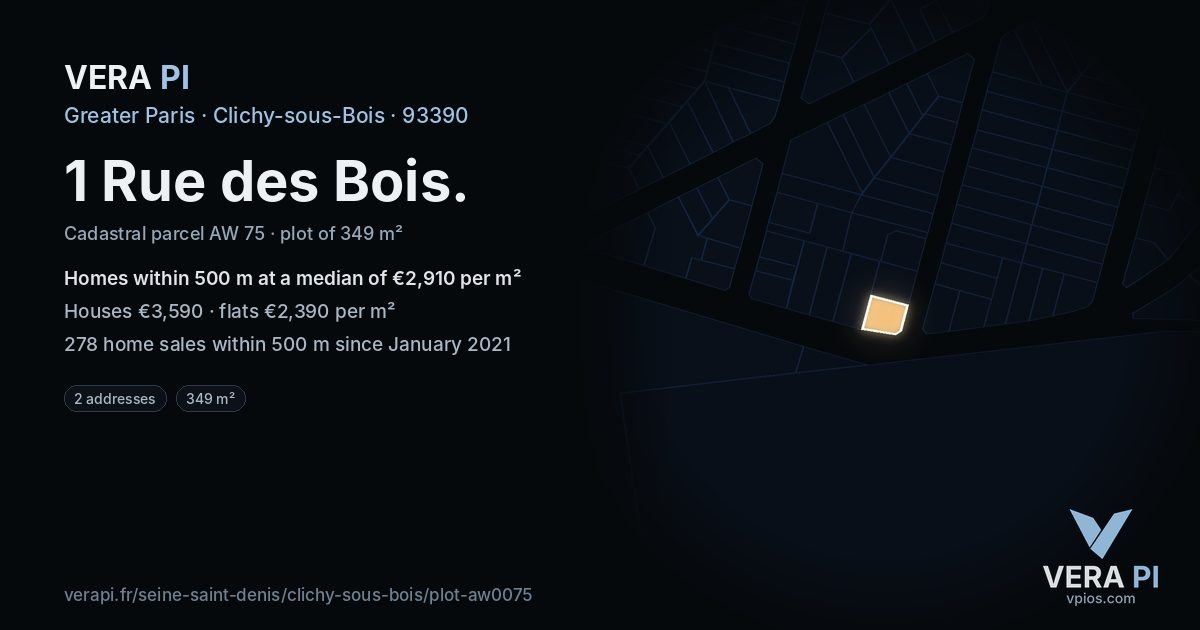 1 Rue des Bois, Clichy-sous-Bois at night – the plot lit, the parcels around coloured by the prices near them