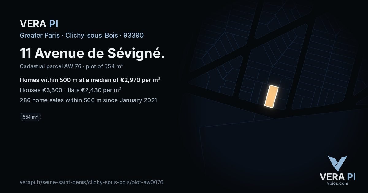 11 Avenue de Sévigné, Clichy-sous-Bois at night – the plot lit, the parcels around coloured by the prices near them