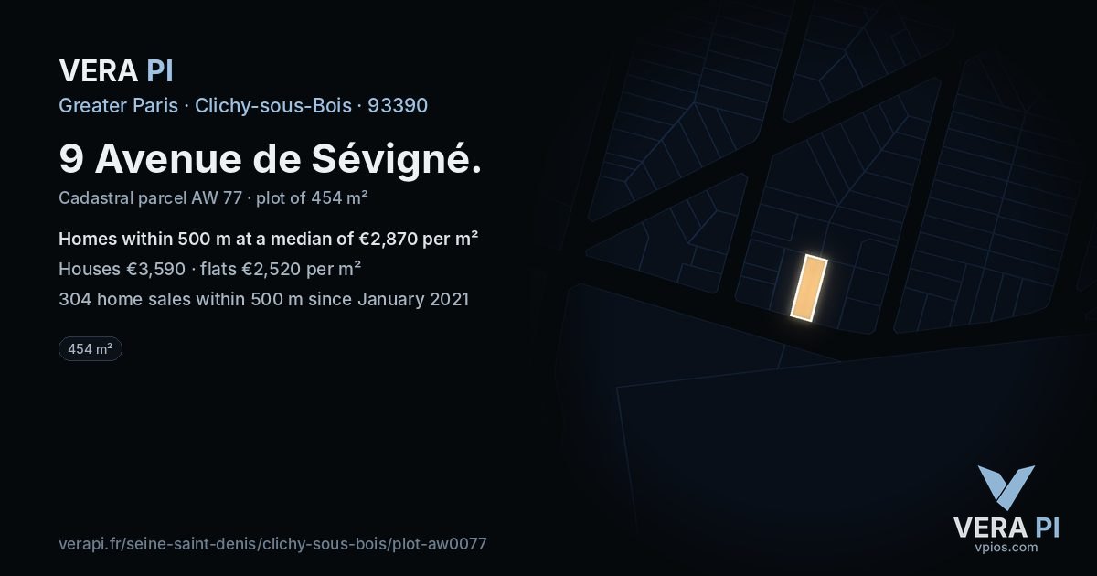 9 Avenue de Sévigné, Clichy-sous-Bois at night – the plot lit, the parcels around coloured by the prices near them