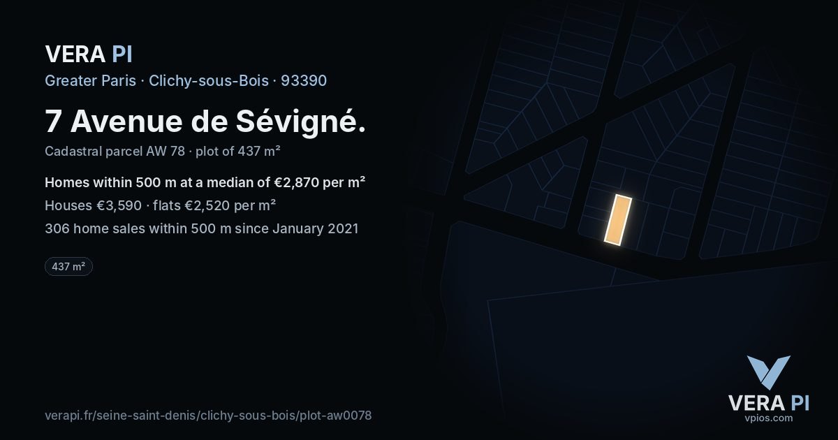 7 Avenue de Sévigné, Clichy-sous-Bois at night – the plot lit, the parcels around coloured by the prices near them