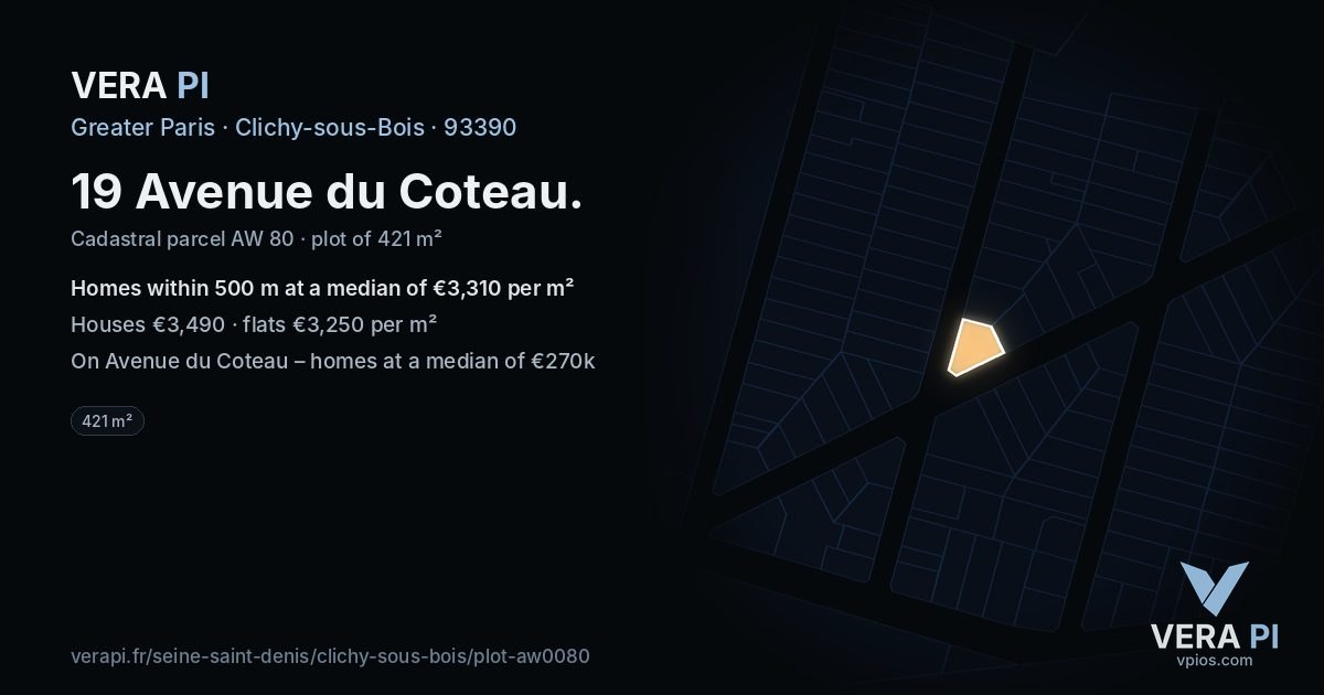 19 Avenue du Coteau, Clichy-sous-Bois at night – the plot lit, the parcels around coloured by the prices near them