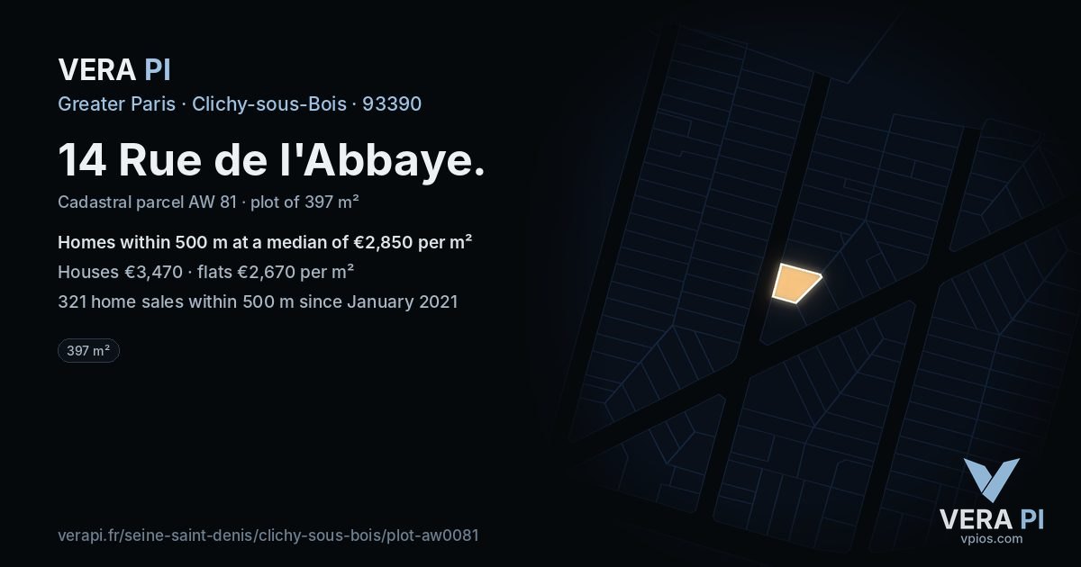 14 Rue de l'Abbaye, Clichy-sous-Bois at night – the plot lit, the parcels around coloured by the prices near them