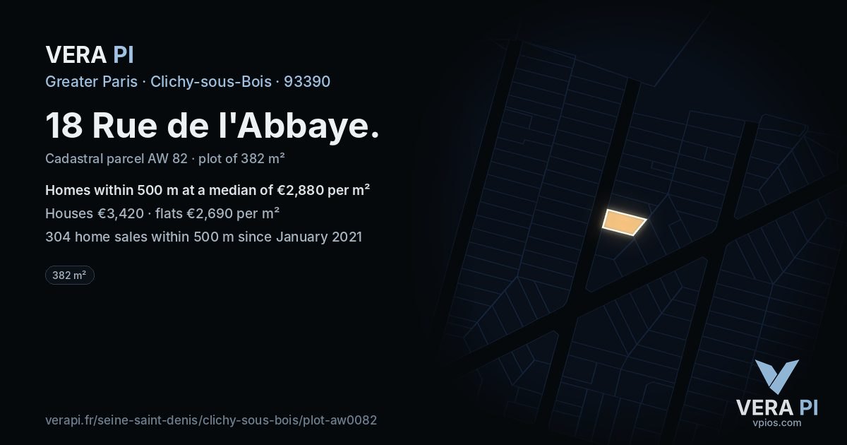 18 Rue de l'Abbaye, Clichy-sous-Bois at night – the plot lit, the parcels around coloured by the prices near them