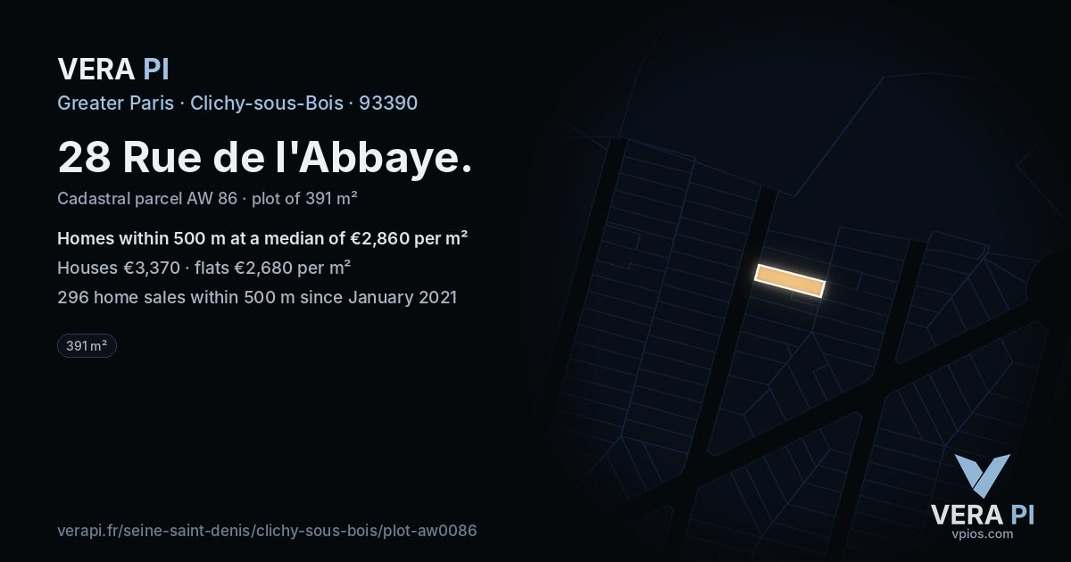 28 Rue de l'Abbaye, Clichy-sous-Bois at night – the plot lit, the parcels around coloured by the prices near them