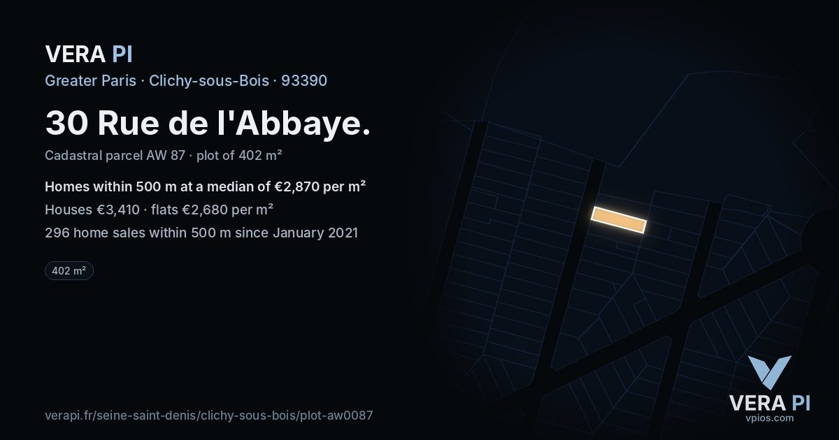 30 Rue de l'Abbaye, Clichy-sous-Bois at night – the plot lit, the parcels around coloured by the prices near them
