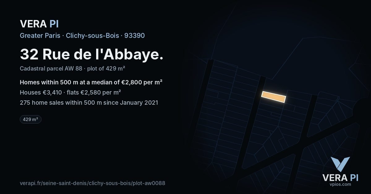 32 Rue de l'Abbaye, Clichy-sous-Bois at night – the plot lit, the parcels around coloured by the prices near them