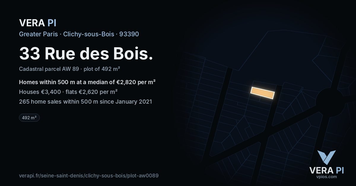33 Rue des Bois, Clichy-sous-Bois at night – the plot lit, the parcels around coloured by the prices near them