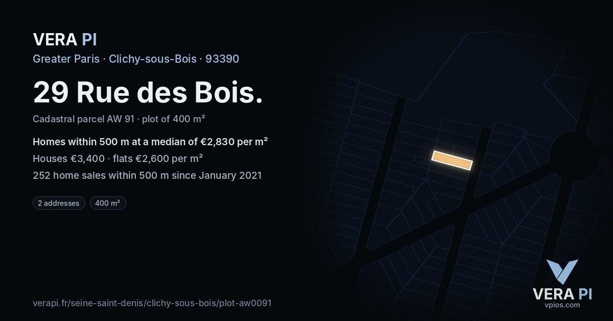 29 Rue des Bois, Clichy-sous-Bois at night – the plot lit, the parcels around coloured by the prices near them