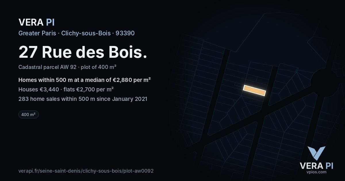 27 Rue des Bois, Clichy-sous-Bois at night – the plot lit, the parcels around coloured by the prices near them