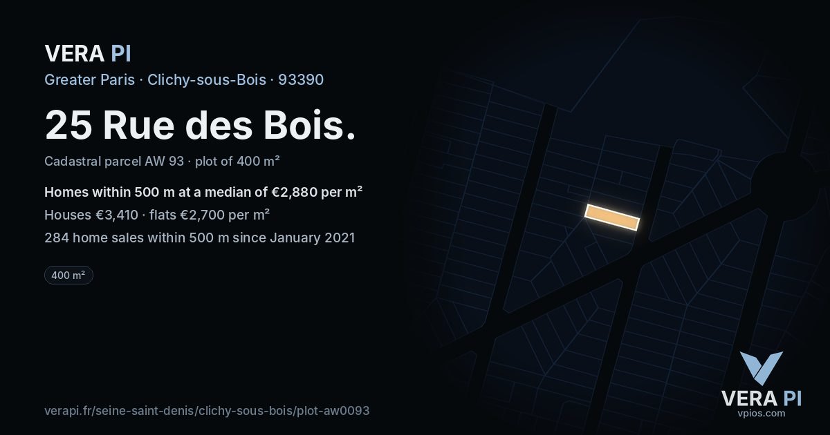 25 Rue des Bois, Clichy-sous-Bois at night – the plot lit, the parcels around coloured by the prices near them