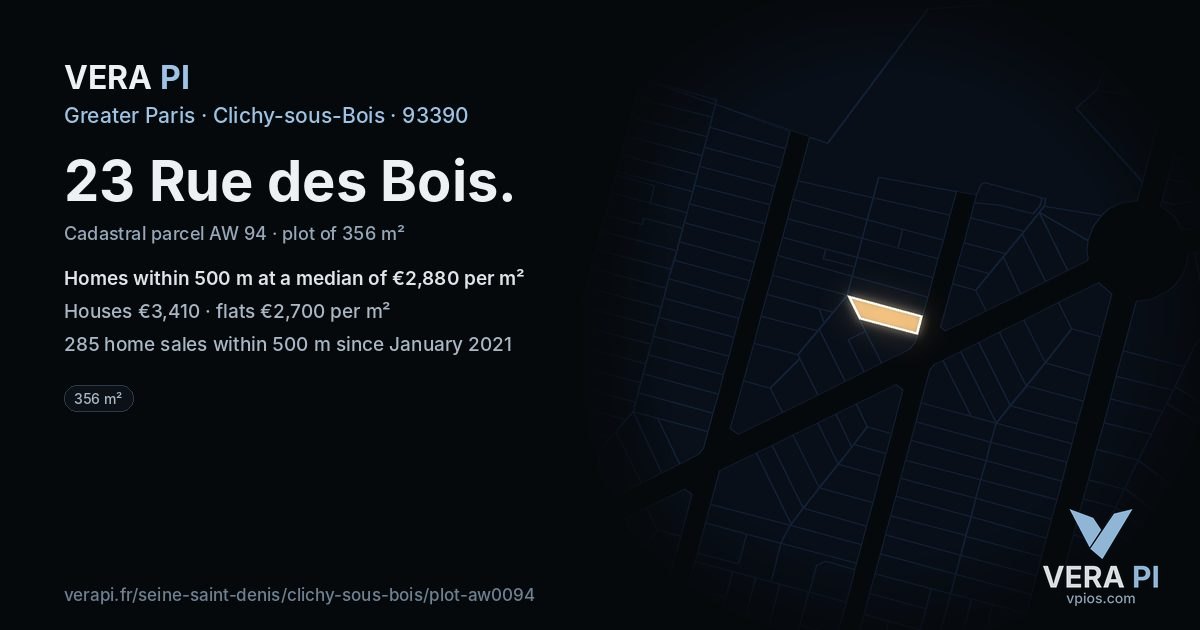 23 Rue des Bois, Clichy-sous-Bois at night – the plot lit, the parcels around coloured by the prices near them