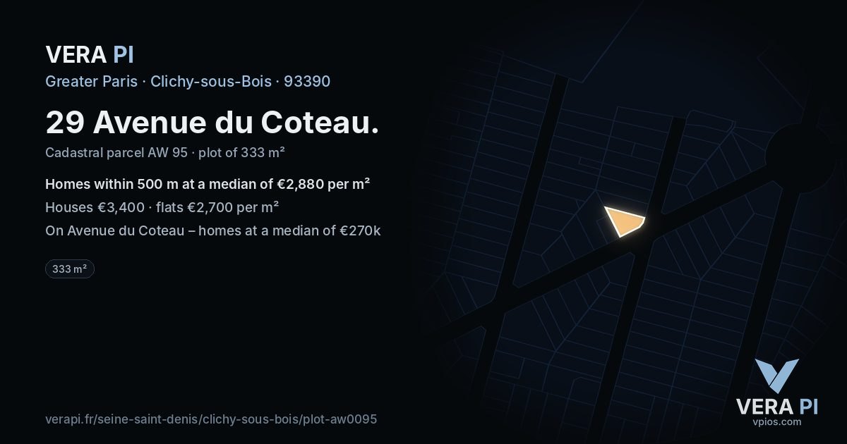 29 Avenue du Coteau, Clichy-sous-Bois at night – the plot lit, the parcels around coloured by the prices near them