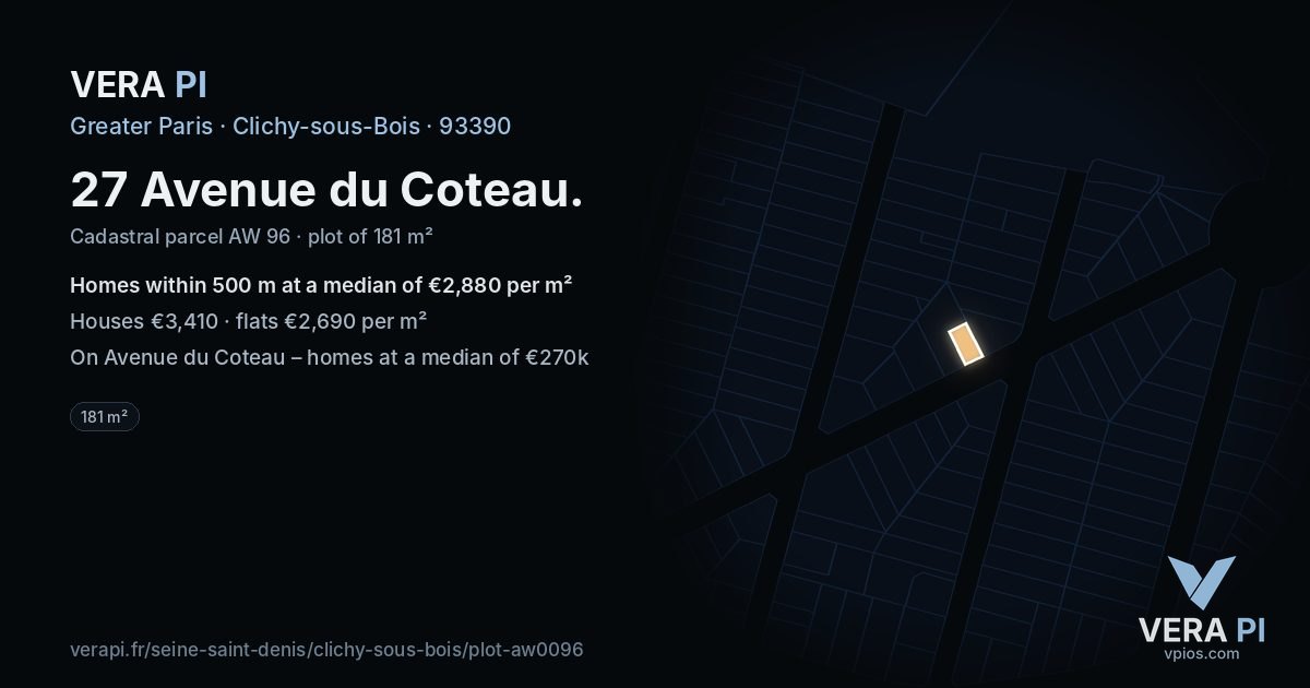27 Avenue du Coteau, Clichy-sous-Bois at night – the plot lit, the parcels around coloured by the prices near them