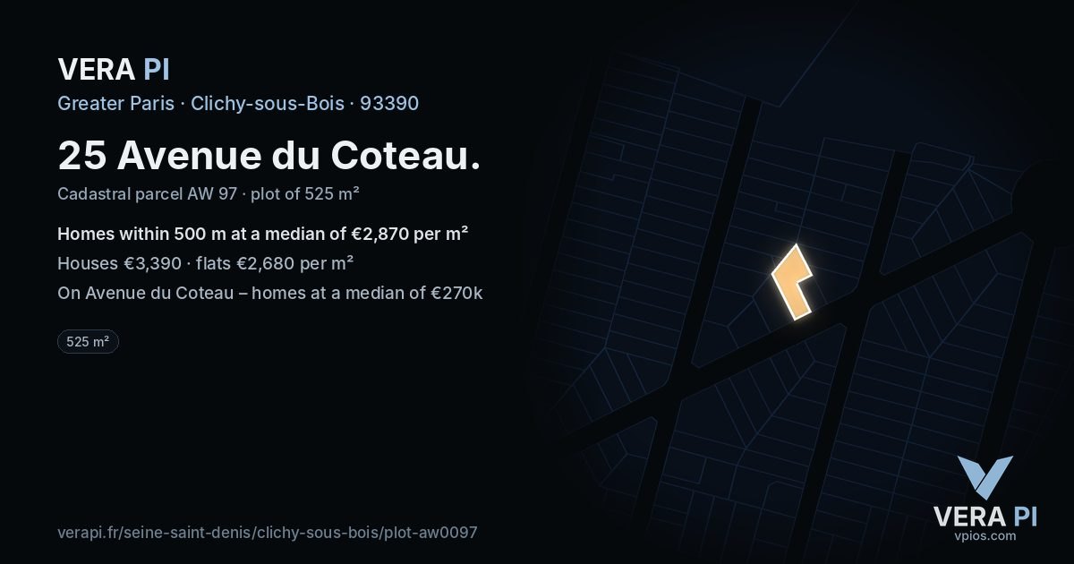 25 Avenue du Coteau, Clichy-sous-Bois at night – the plot lit, the parcels around coloured by the prices near them