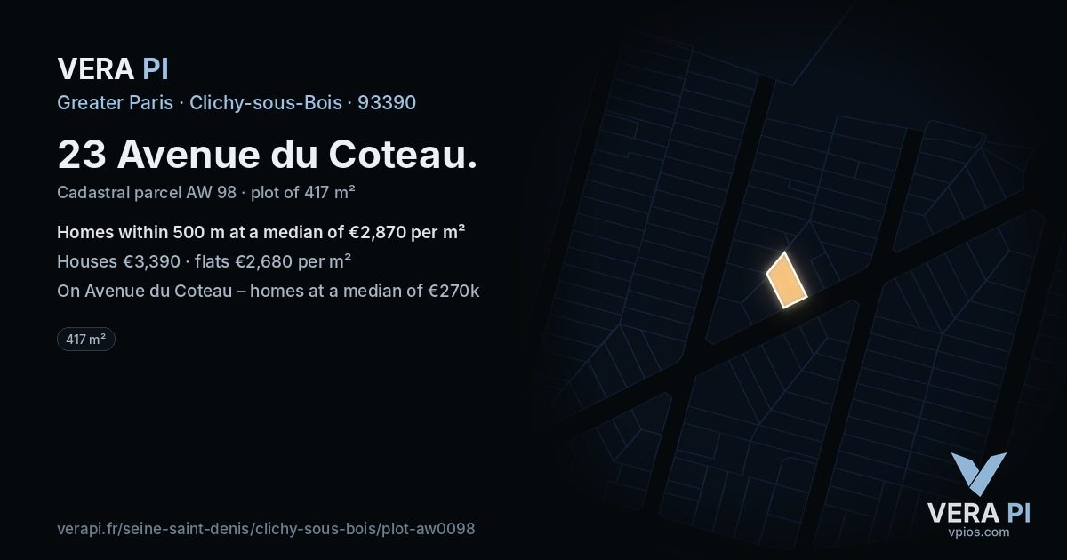 23 Avenue du Coteau, Clichy-sous-Bois at night – the plot lit, the parcels around coloured by the prices near them