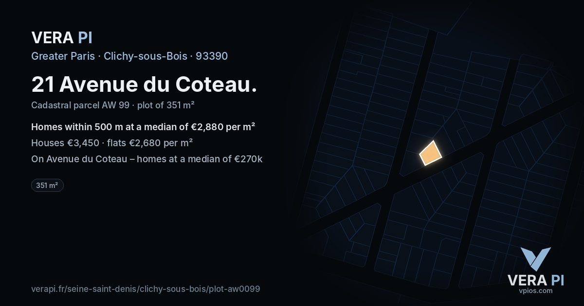 21 Avenue du Coteau, Clichy-sous-Bois at night – the plot lit, the parcels around coloured by the prices near them
