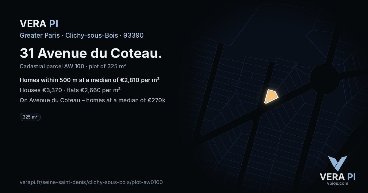 31 Avenue du Coteau, Clichy-sous-Bois at night – the plot lit, the parcels around coloured by the prices near them